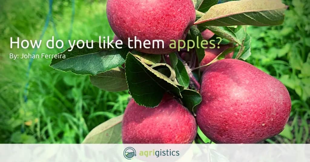 Close-up of red apples on a tree with blog title text about apples