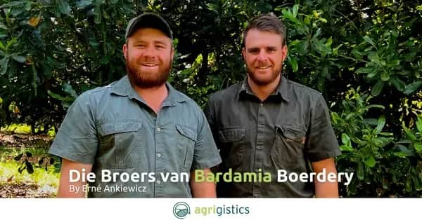 Two Bardamia Boerdery brothers standing in an orchard with Agrigistics testimonial text overlay.