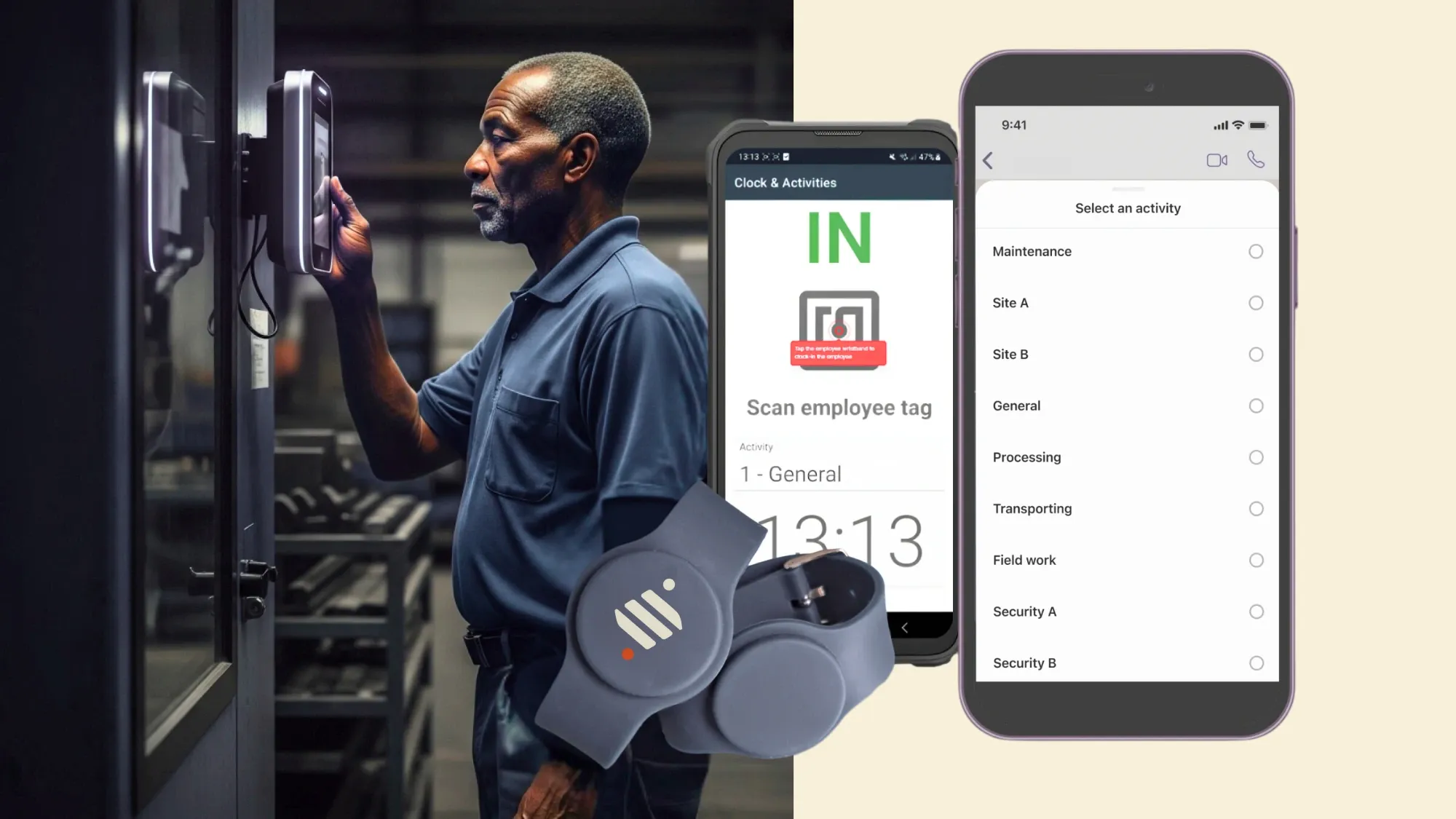 Worker using a biometric clocking terminal beside mobile app screens for RFID tag scanning and activity selection