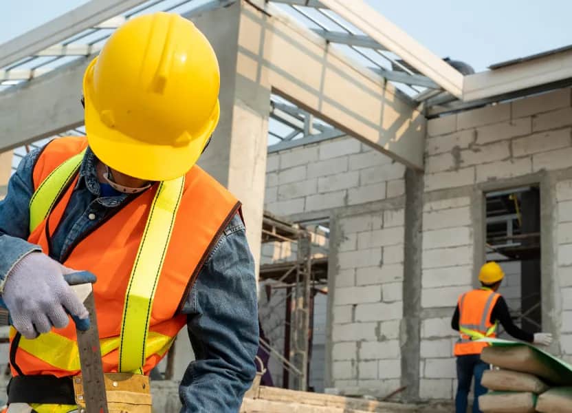 Construction workers wearing hard hats and high-visibility vests on a building site