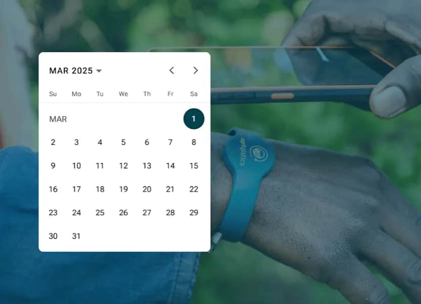 Calendar overlay for March 2025 above a worker wearing an AllWage RFID wristband in the field