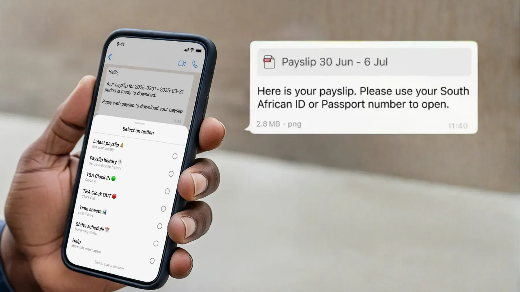 Hand holding smartphone showing WhatsApp payslip message with payslip notification overlay