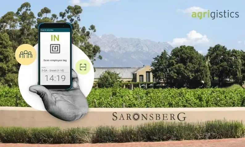 Saronsberg vineyard entrance with mobile RFID employee clock-in graphic and Agrigistics logo