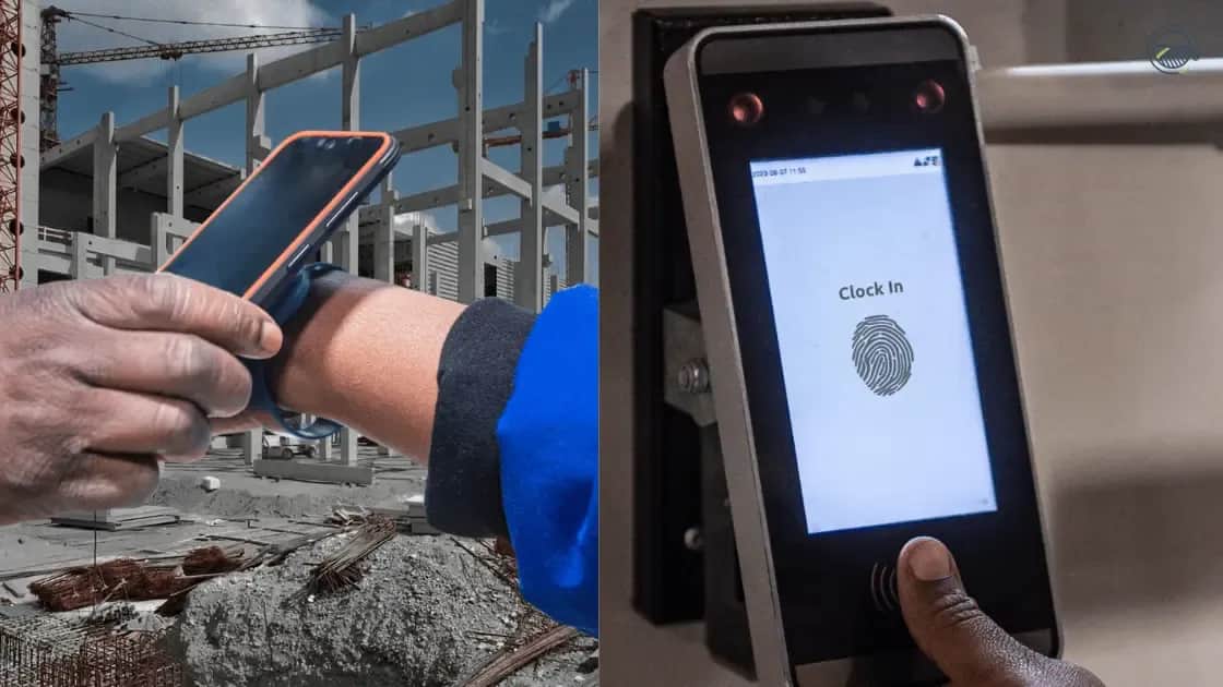 Worker clocking in with RFID card and fingerprint biometric terminal for time and attendance