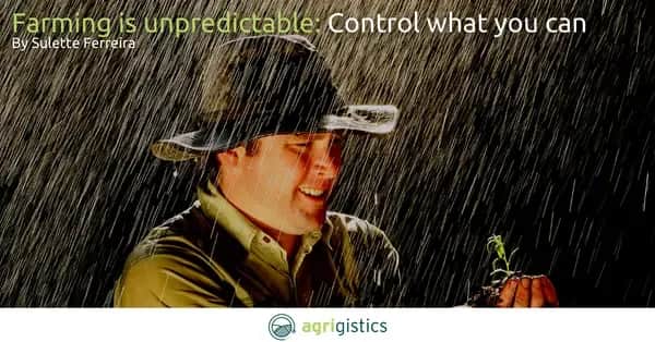 Farmer in heavy rain holding a young plant with headline Farming is unpredictable